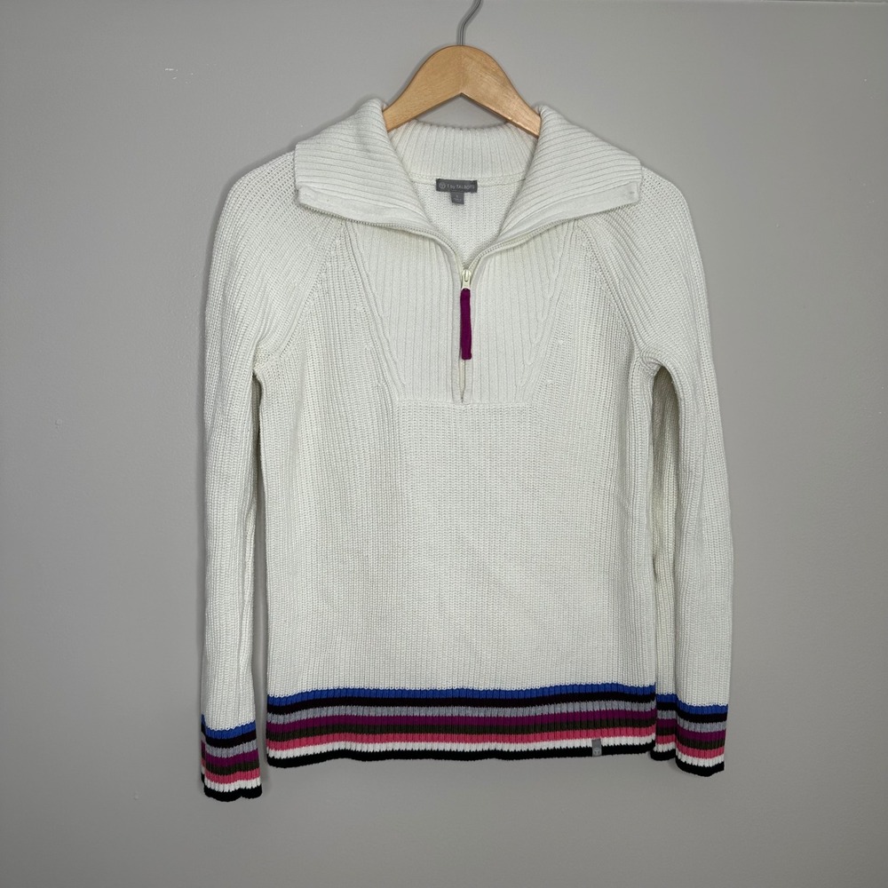 T by Talbots Women's Cream Ribbed Half Zip Sweater Size S‎ Striped Cuffs Collar